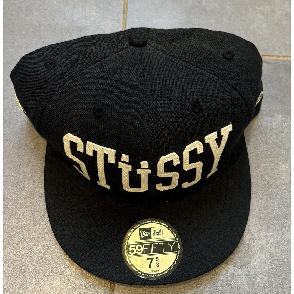 Vintage Stussy New Era Fitted Hat Size 7 5/8 Black Bold Spellout Z59 Fifty